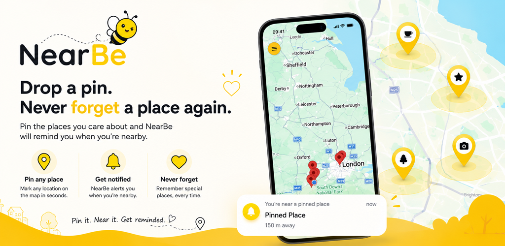 NearBe app promo: drop a pin on a map and get reminded when you're nearby